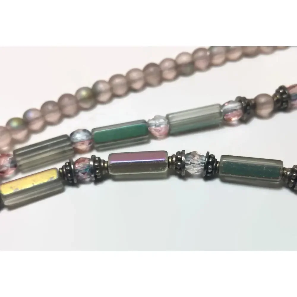 Gray Iris Tube & Round Bead Multi-Strand Necklace With Silver Tone Bead Caps